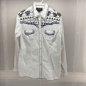 Cowgirl Up Western Shirt Pearl Snap Front Top Stitch Embroider Size L Rodeo EUC